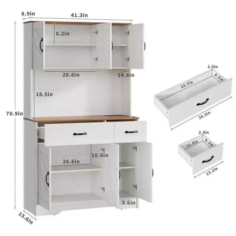 Dispensa da cucina alta 180 cm, bianco/nero, credenza a 6 ante con stazione di ricarica e 2 cassetti