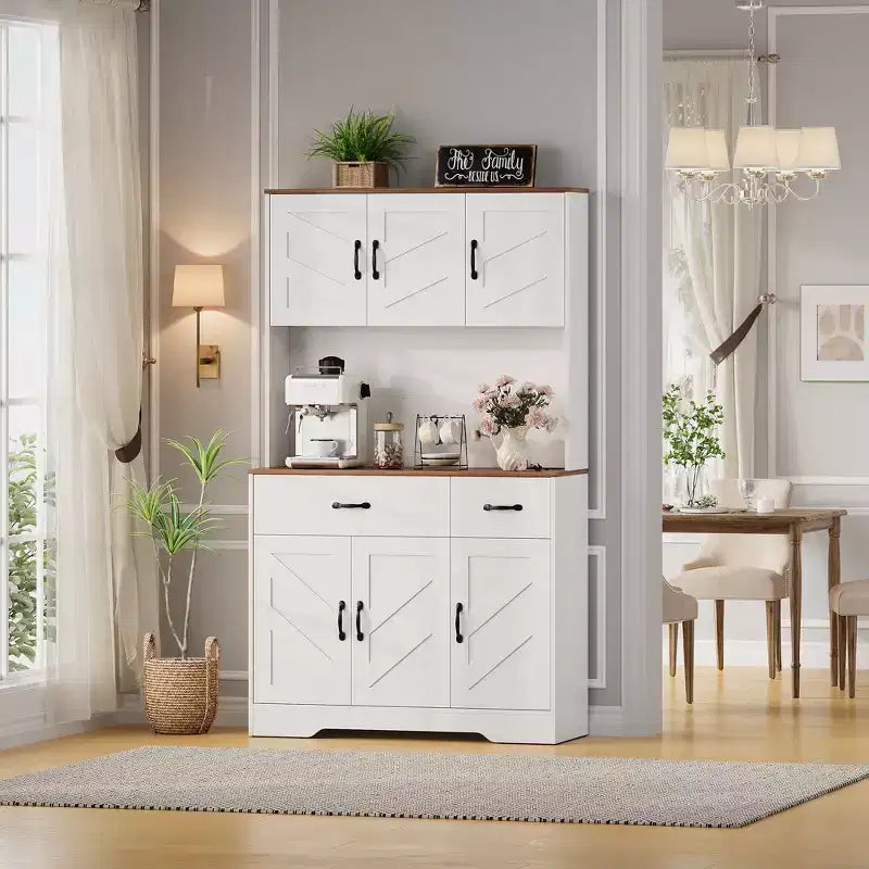 Dispensa da cucina alta 180 cm, bianco/nero, credenza a 6 ante con stazione di ricarica e 2 cassetti