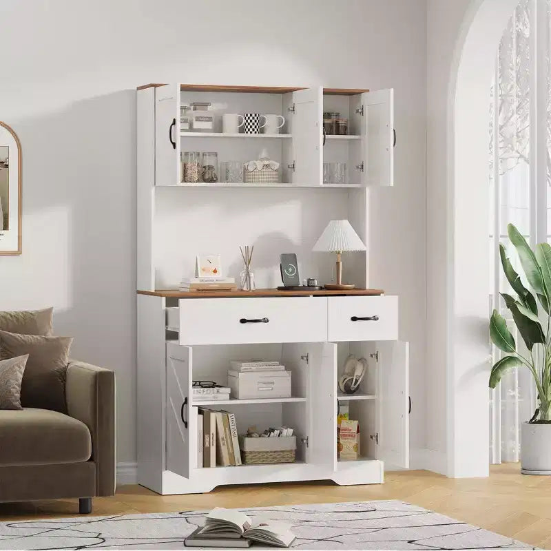 Dispensa da cucina alta 180 cm, bianco/nero, credenza a 6 ante con stazione di ricarica e 2 cassetti