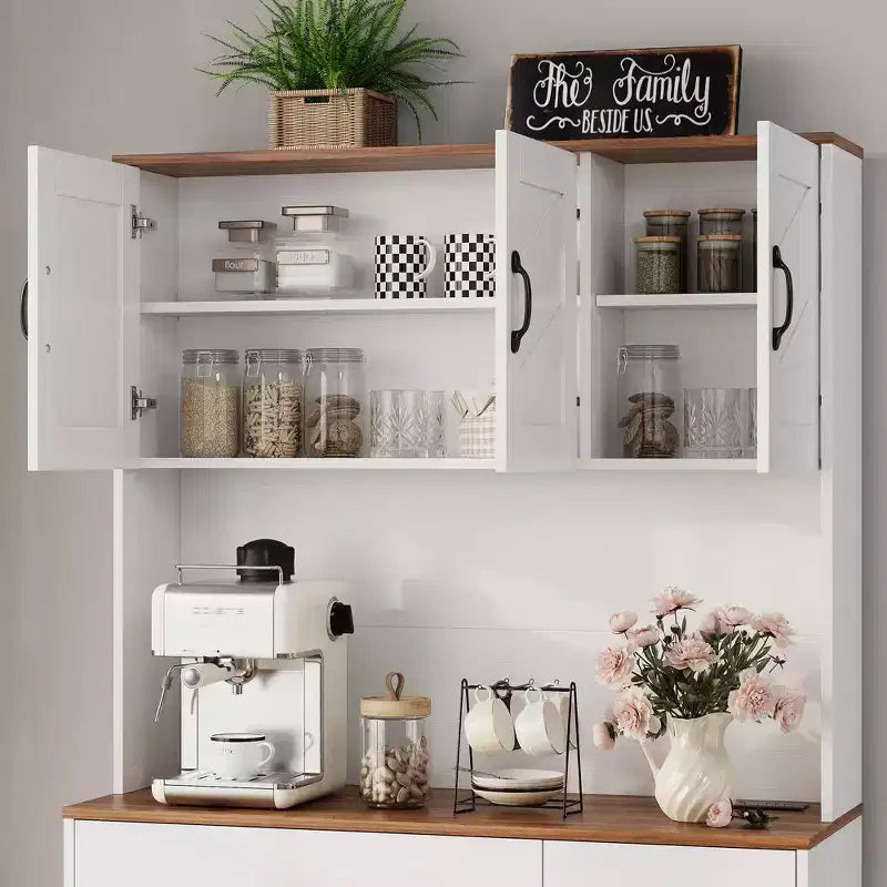 Dispensa da cucina alta 180 cm, bianco/nero, credenza a 6 ante con stazione di ricarica e 2 cassetti