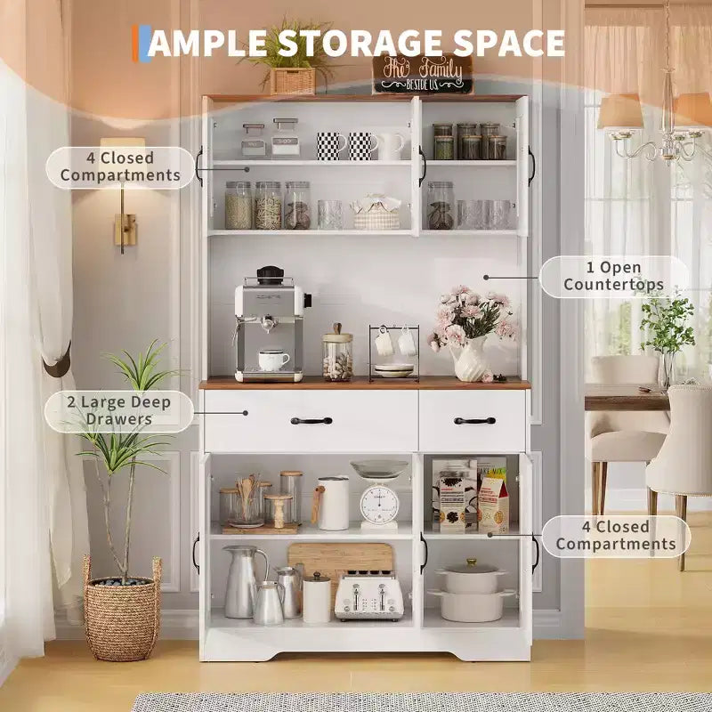 Dispensa da cucina alta 180 cm, bianco/nero, credenza a 6 ante con stazione di ricarica e 2 cassetti