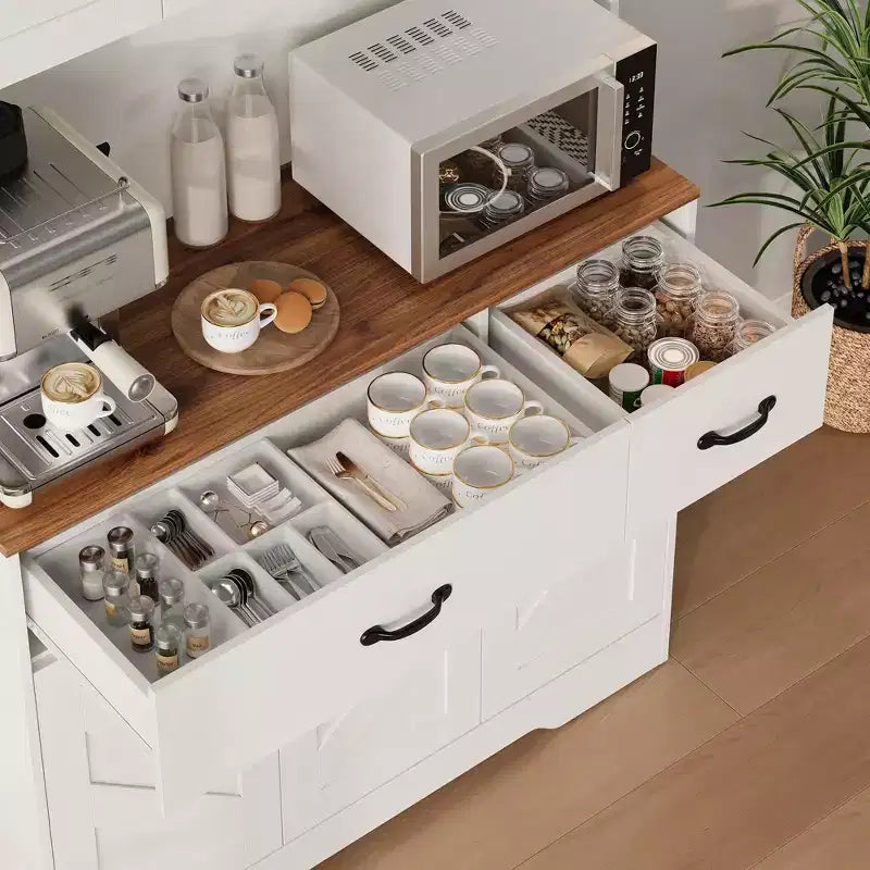 Dispensa da cucina alta 180 cm, bianco/nero, credenza a 6 ante con stazione di ricarica e 2 cassetti