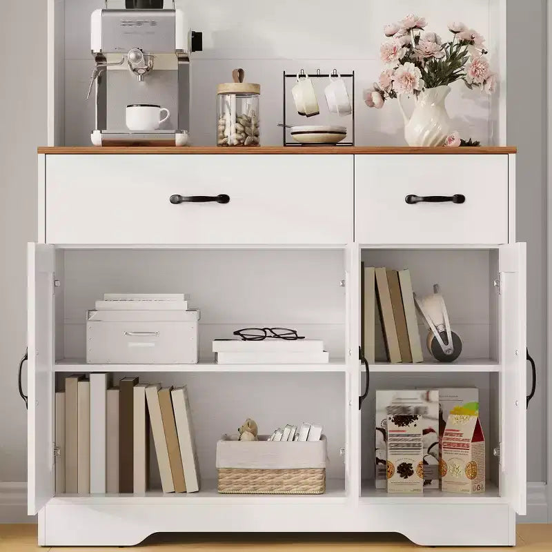 Dispensa da cucina alta 180 cm, bianco/nero, credenza a 6 ante con stazione di ricarica e 2 cassetti