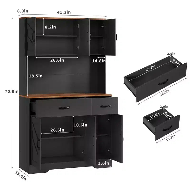 Dispensa da cucina alta 180 cm, bianco/nero, credenza a 6 ante con stazione di ricarica e 2 cassetti