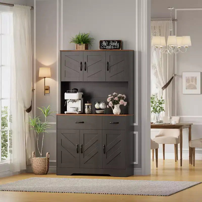 Dispensa da cucina alta 180 cm, bianco/nero, credenza a 6 ante con stazione di ricarica e 2 cassetti