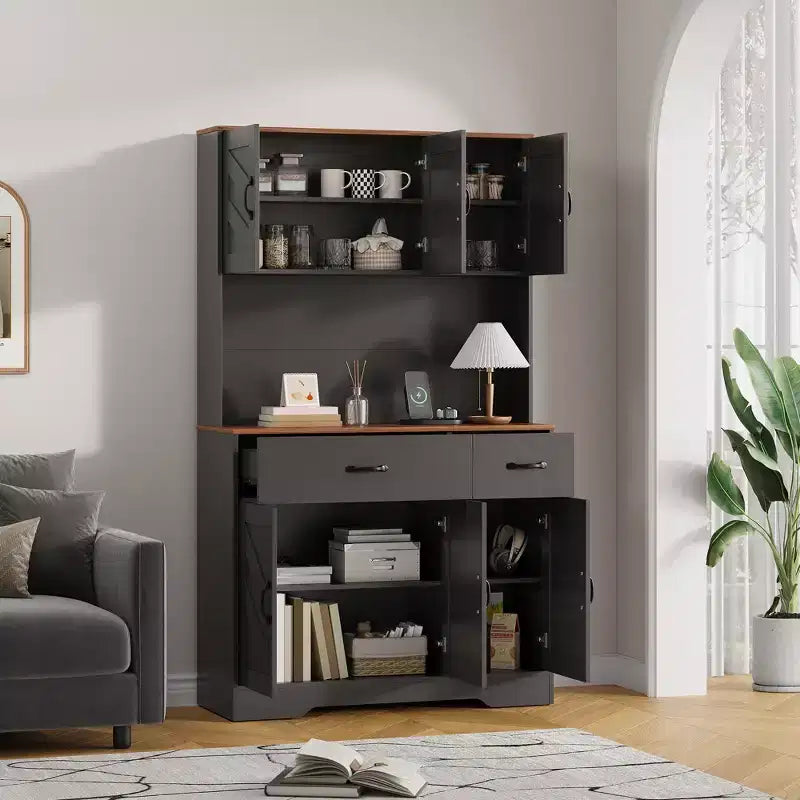 Dispensa da cucina alta 180 cm, bianco/nero, credenza a 6 ante con stazione di ricarica e 2 cassetti