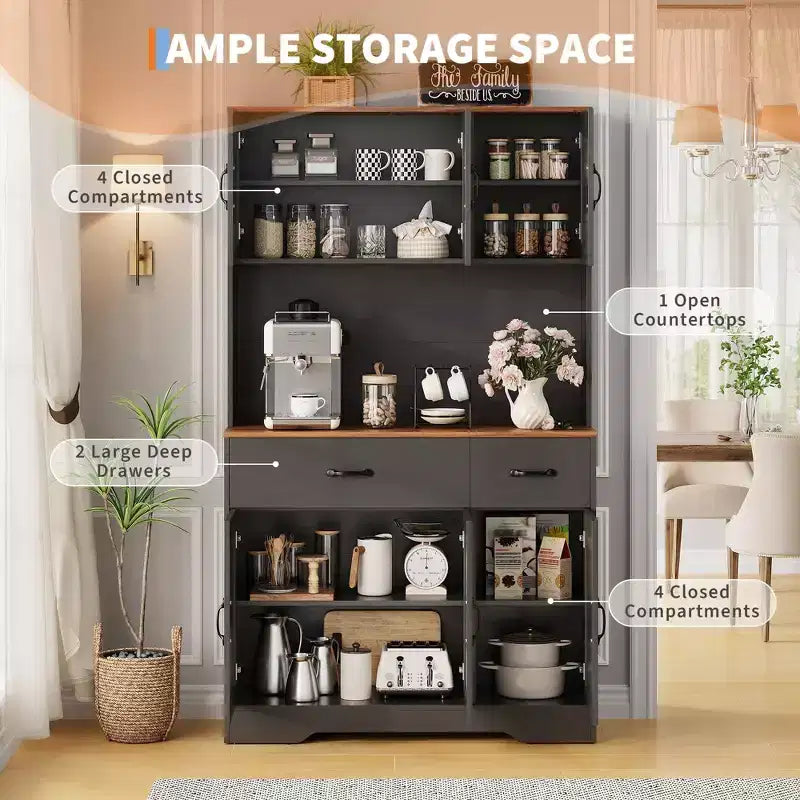 Dispensa da cucina alta 180 cm, bianco/nero, credenza a 6 ante con stazione di ricarica e 2 cassetti