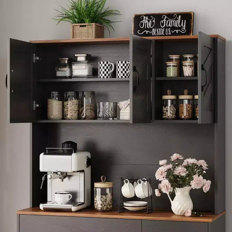Dispensa da cucina alta 180 cm, bianco/nero, credenza a 6 ante con stazione di ricarica e 2 cassetti