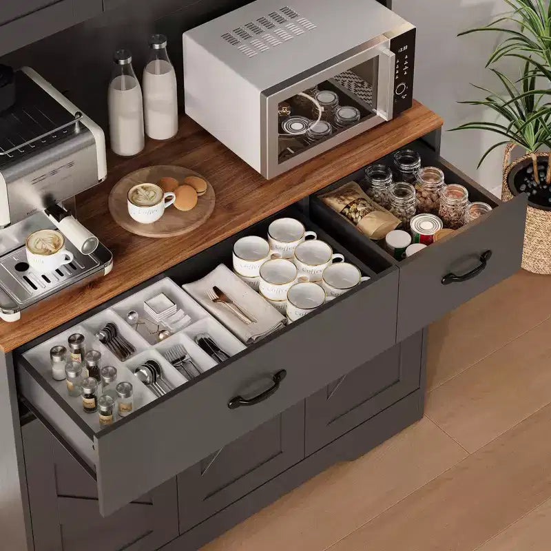 Dispensa da cucina alta 180 cm, bianco/nero, credenza a 6 ante con stazione di ricarica e 2 cassetti