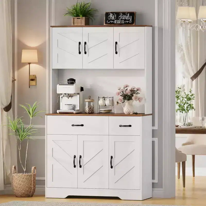 Dispensa da cucina alta 180 cm, bianco/nero, credenza a 6 ante con stazione di ricarica e 2 cassetti