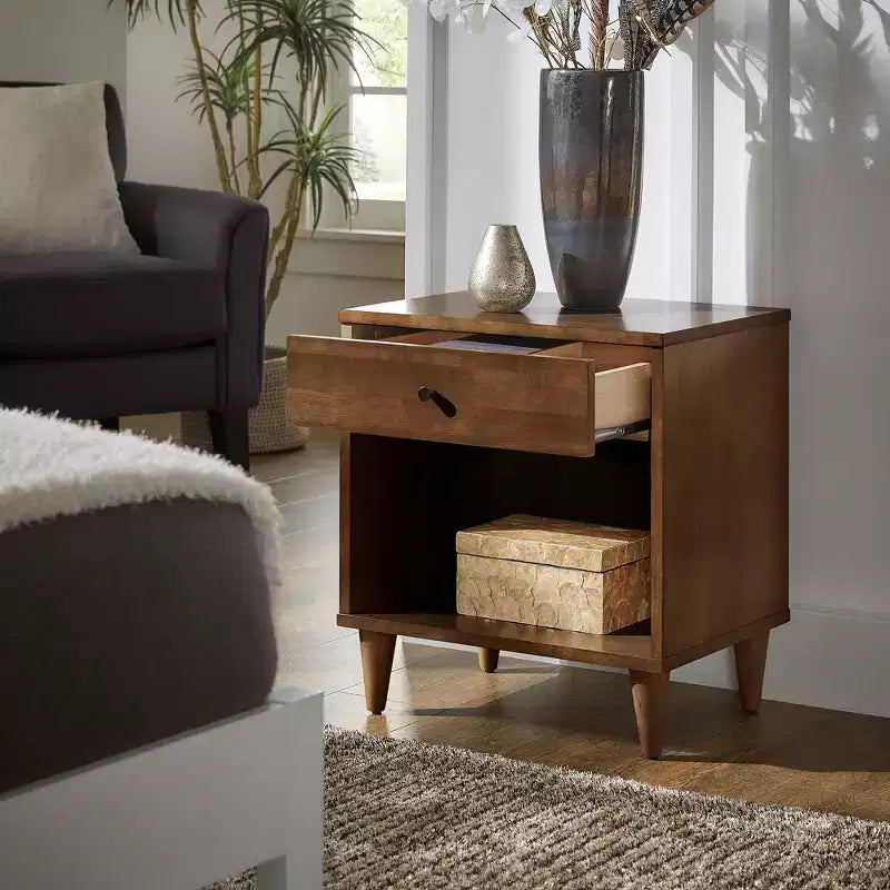 Comodino in legno marrone a 1 cassetto, singolo