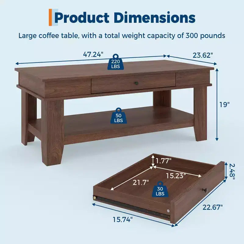 Tavolino da salotto con cassetto e ripiano aperto – Nero/Marrone/Legno chiaro, 1 pezzo