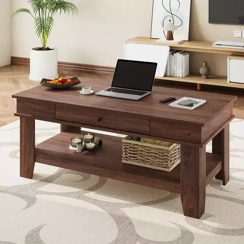 Tavolino da salotto con cassetto e ripiano aperto – Nero/Marrone/Legno chiaro, 1 pezzo