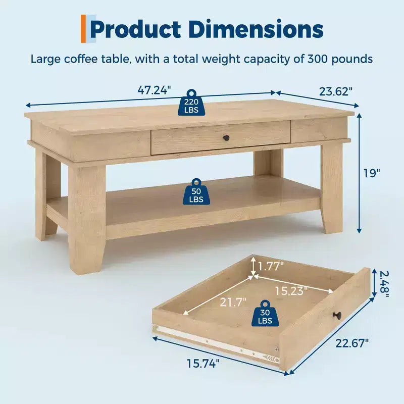 Tavolino da salotto con cassetto e ripiano aperto – Nero/Marrone/Legno chiaro, 1 pezzo