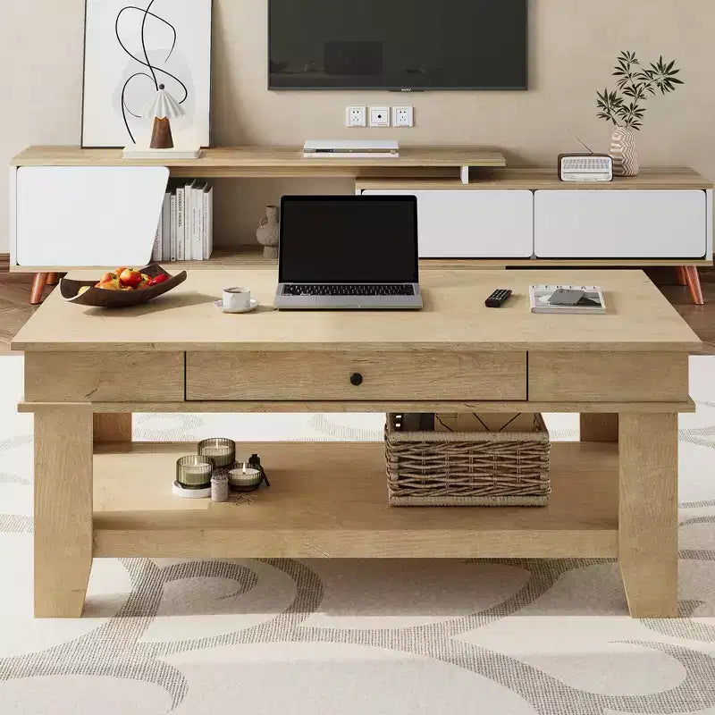 Tavolino da salotto con cassetto e ripiano aperto – Nero/Marrone/Legno chiaro, 1 pezzo