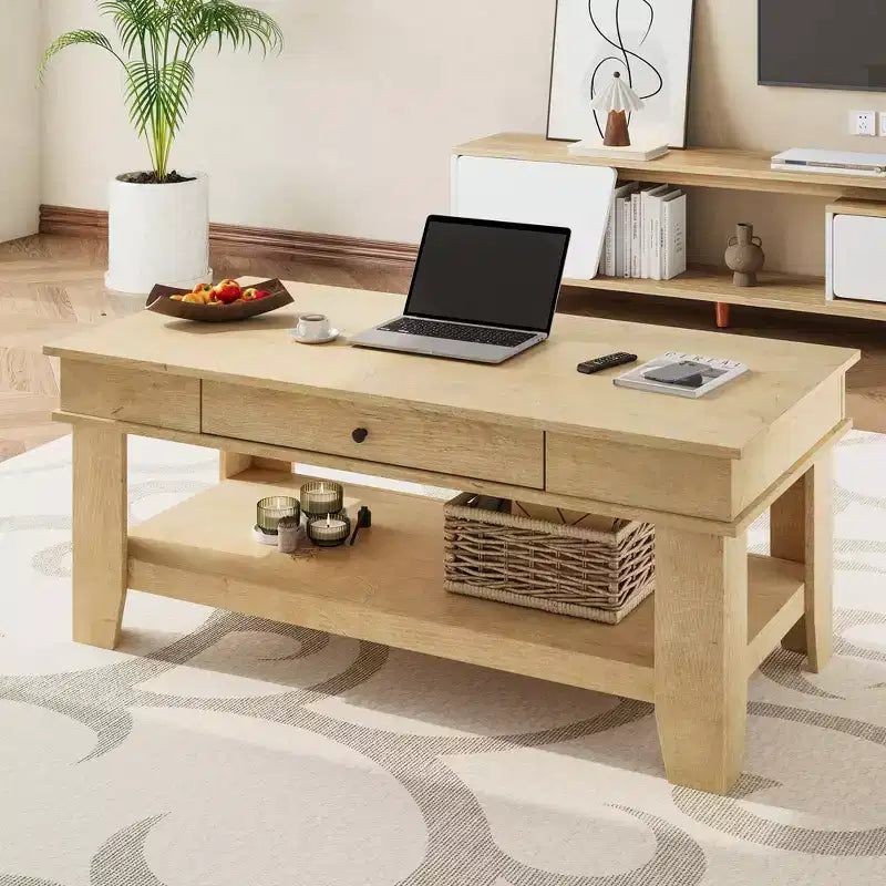Tavolino da salotto con cassetto e ripiano aperto – Nero/Marrone/Legno chiaro, 1 pezzo