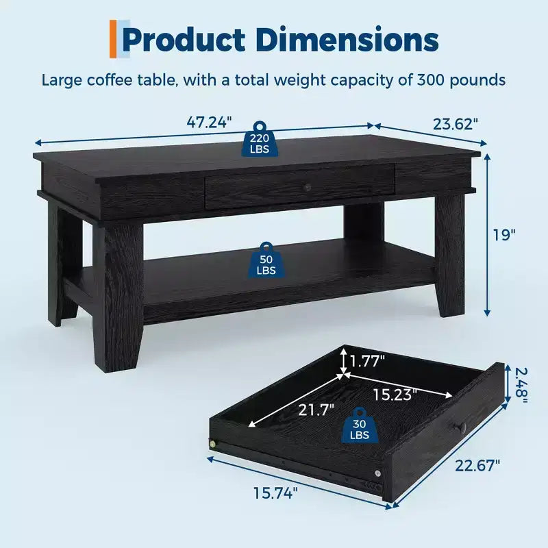 Tavolino da salotto con cassetto e ripiano aperto – Nero/Marrone/Legno chiaro, 1 pezzo