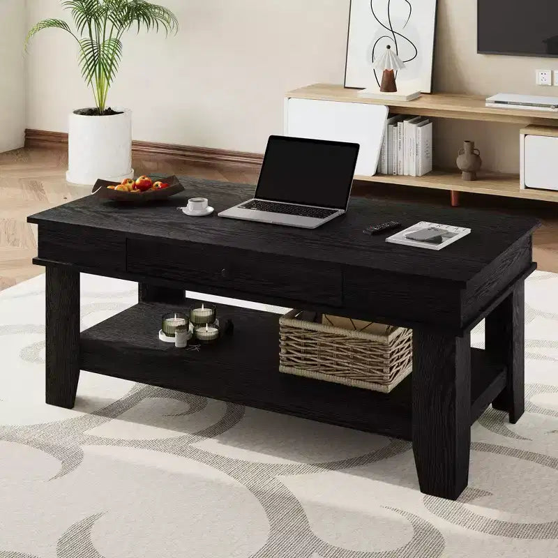 Tavolino da salotto con cassetto e ripiano aperto – Nero/Marrone/Legno chiaro, 1 pezzo
