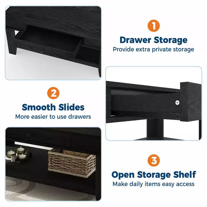 Tavolino da salotto con cassetto e ripiano aperto – Nero/Marrone/Legno chiaro, 1 pezzo
