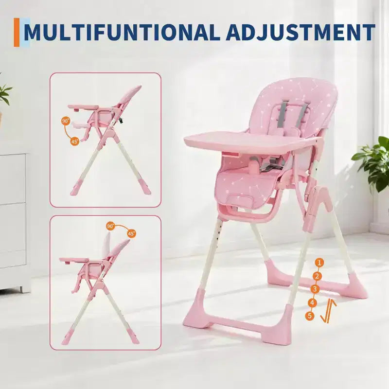 Seggiolone Pieghevole Blu / Grigio / Rosa con Altezza, Schienale e Poggiapiedi Regolabili – per 1 Bambino
