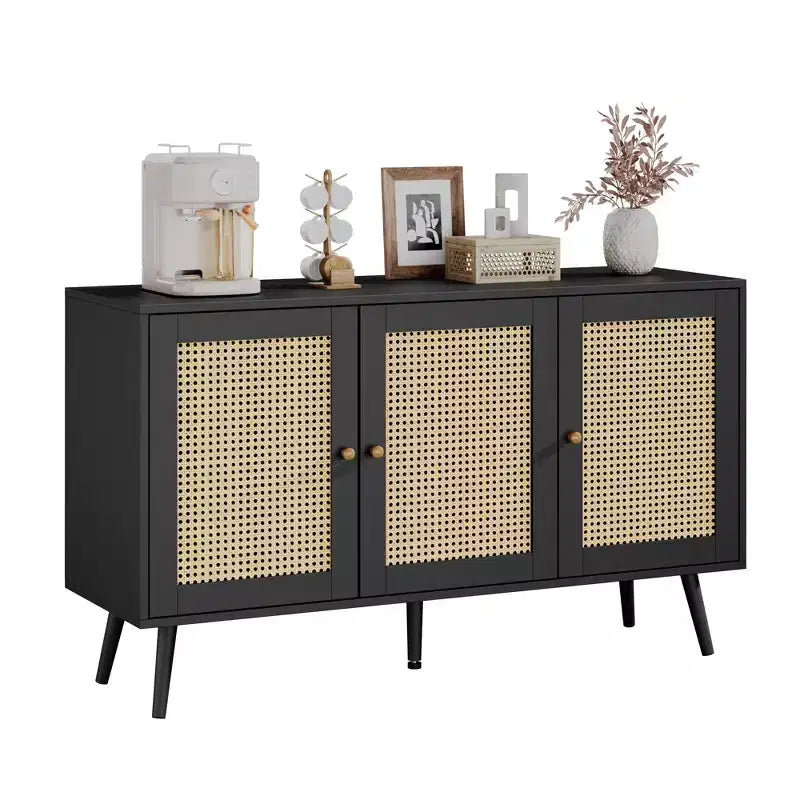 Credenza/Madia in Rattan Beige/Nero/Bianco con 3 Ante e Ripiani Regolabili – 1 Unità