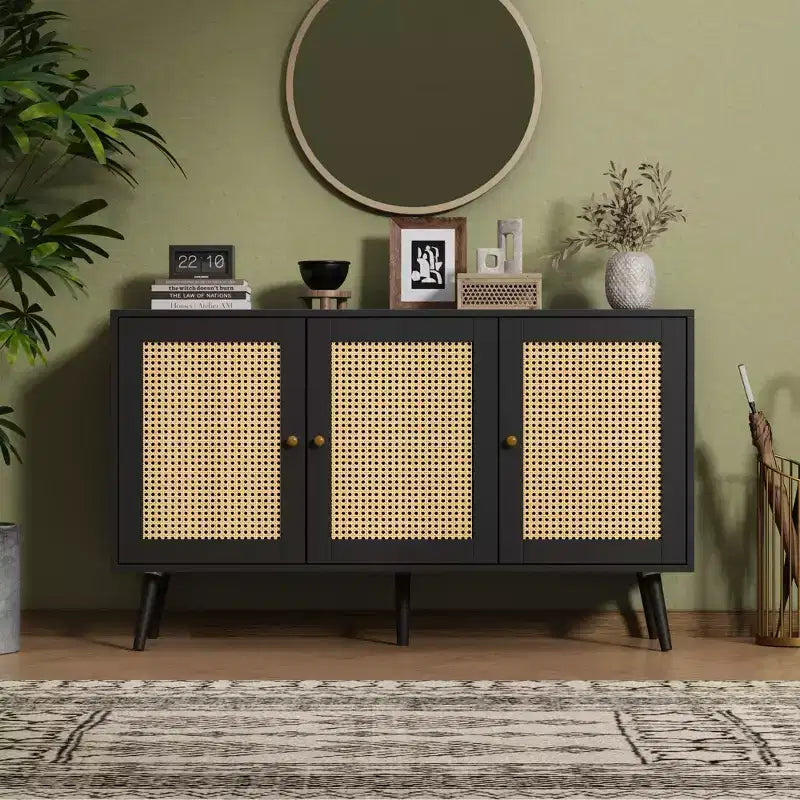 Credenza/Madia in Rattan Beige/Nero/Bianco con 3 Ante e Ripiani Regolabili – 1 Unità