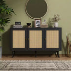 Credenza/Madia in Rattan Beige/Nero/Bianco con 3 Ante e Ripiani Regolabili – 1 Unità