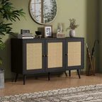 Credenza/Madia in Rattan Beige/Nero/Bianco con 3 Ante e Ripiani Regolabili – 1 Unità