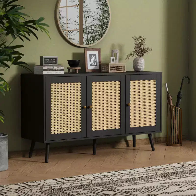 Credenza/Madia in Rattan Beige/Nero/Bianco con 3 Ante e Ripiani Regolabili – 1 Unità
