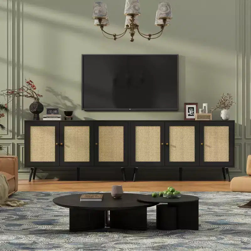 Credenza/Madia in Rattan Beige/Nero/Bianco con 3 Ante e Ripiani Regolabili – 1 Unità