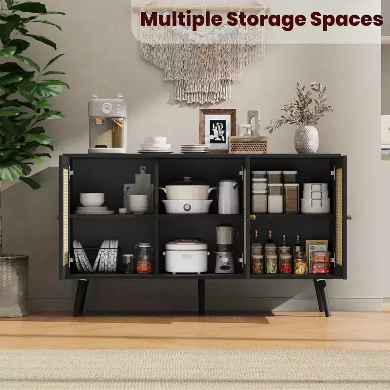 Credenza/Madia in Rattan Beige/Nero/Bianco con 3 Ante e Ripiani Regolabili – 1 Unità