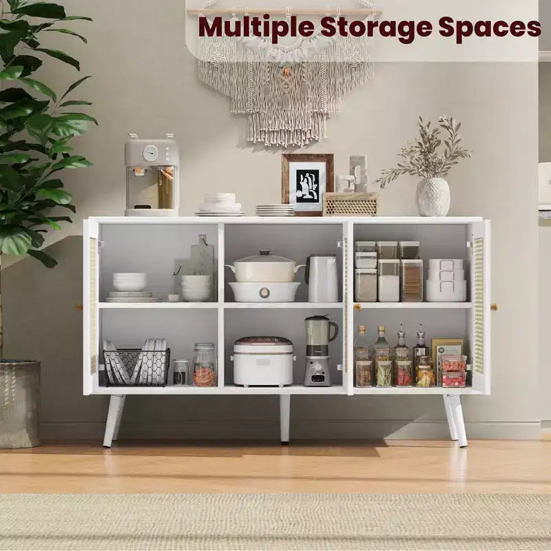 Credenza/Madia in Rattan Beige/Nero/Bianco con 3 Ante e Ripiani Regolabili – 1 Unità