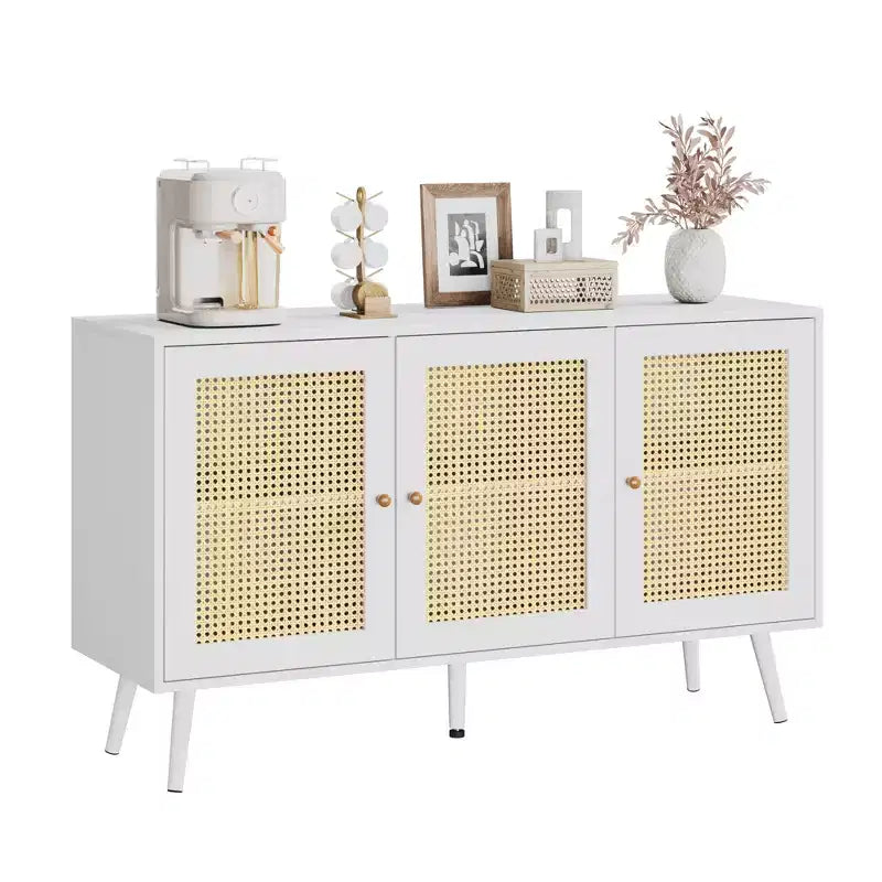 Credenza/Madia in Rattan Beige/Nero/Bianco con 3 Ante e Ripiani Regolabili – 1 Unità