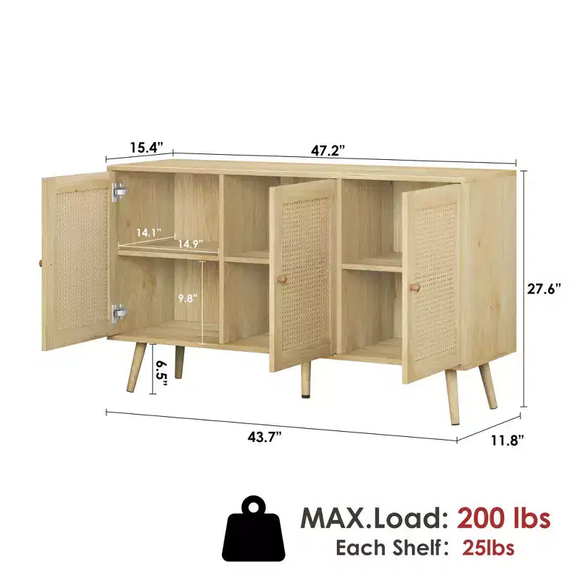 Credenza/Madia in Rattan Beige/Nero/Bianco con 3 Ante e Ripiani Regolabili – 1 Unità