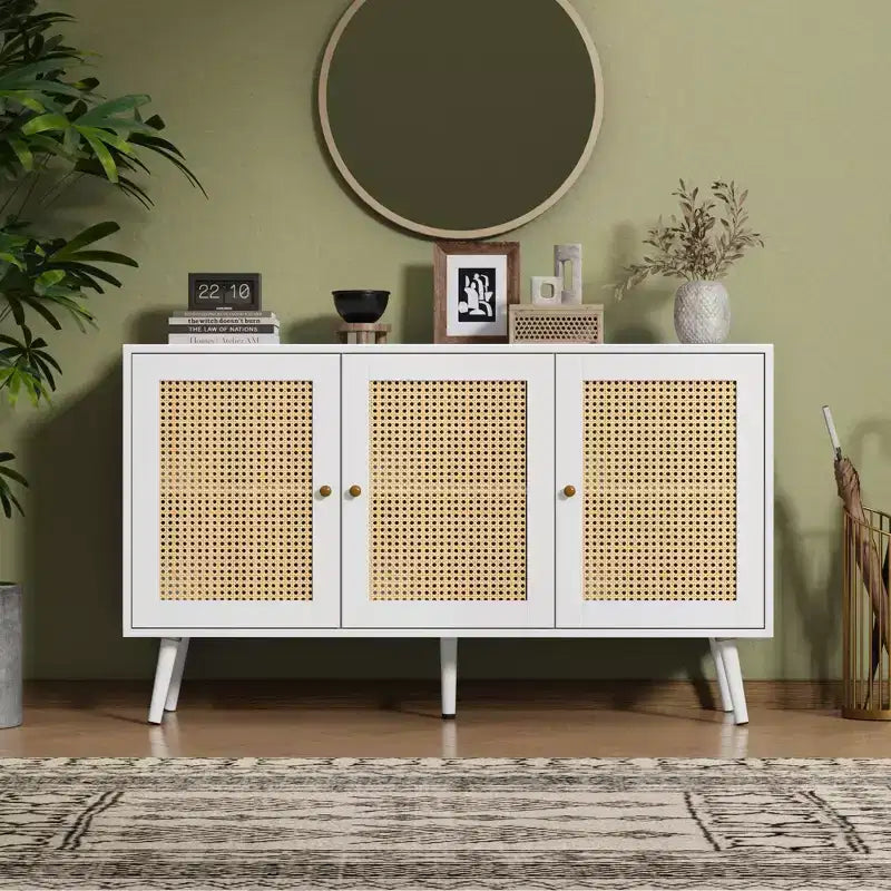 Credenza/Madia in Rattan Beige/Nero/Bianco con 3 Ante e Ripiani Regolabili – 1 Unità