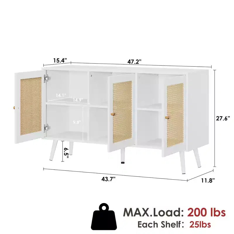 Credenza/Madia in Rattan Beige/Nero/Bianco con 3 Ante e Ripiani Regolabili – 1 Unità