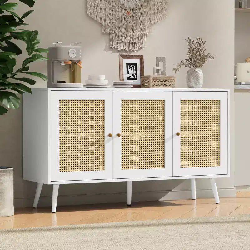 Credenza/Madia in Rattan Beige/Nero/Bianco con 3 Ante e Ripiani Regolabili – 1 Unità
