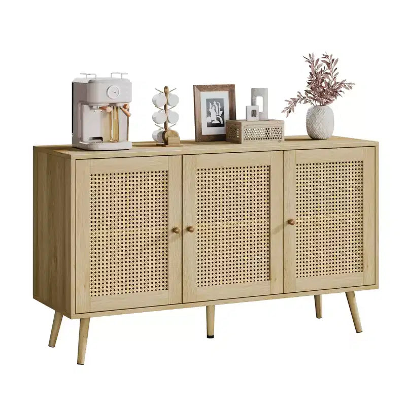 Credenza/Madia in Rattan Beige/Nero/Bianco con 3 Ante e Ripiani Regolabili – 1 Unità