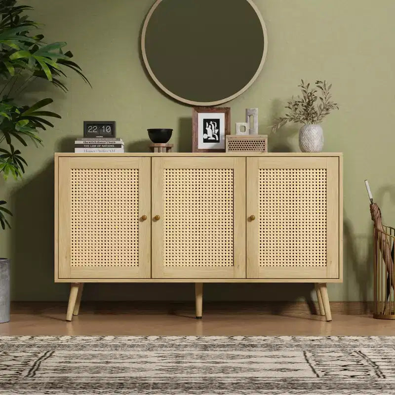 Credenza/Madia in Rattan Beige/Nero/Bianco con 3 Ante e Ripiani Regolabili – 1 Unità