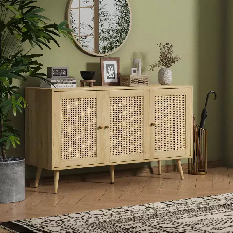 Credenza/Madia in Rattan Beige/Nero/Bianco con 3 Ante e Ripiani Regolabili – 1 Unità