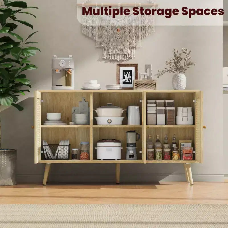 Credenza/Madia in Rattan Beige/Nero/Bianco con 3 Ante e Ripiani Regolabili – 1 Unità