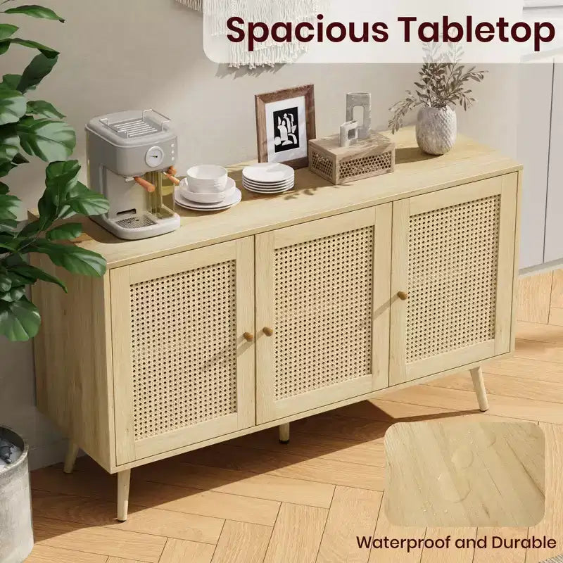 Credenza/Madia in Rattan Beige/Nero/Bianco con 3 Ante e Ripiani Regolabili – 1 Unità
