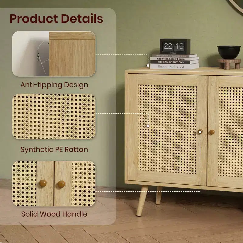 Credenza/Madia in Rattan Beige/Nero/Bianco con 3 Ante e Ripiani Regolabili – 1 Unità