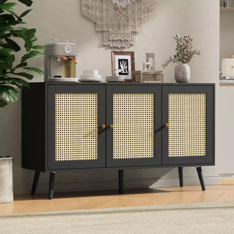 Credenza/Madia in Rattan Beige/Nero/Bianco con 3 Ante e Ripiani Regolabili – 1 Unità