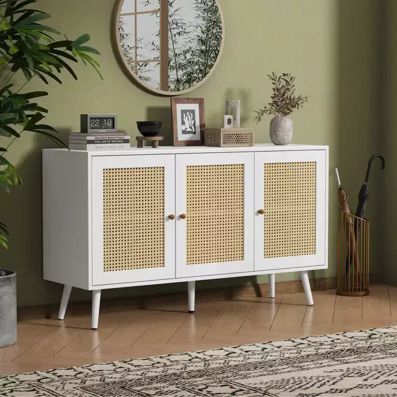 Credenza/Madia in Rattan Beige/Nero/Bianco con 3 Ante e Ripiani Regolabili – 1 Unità