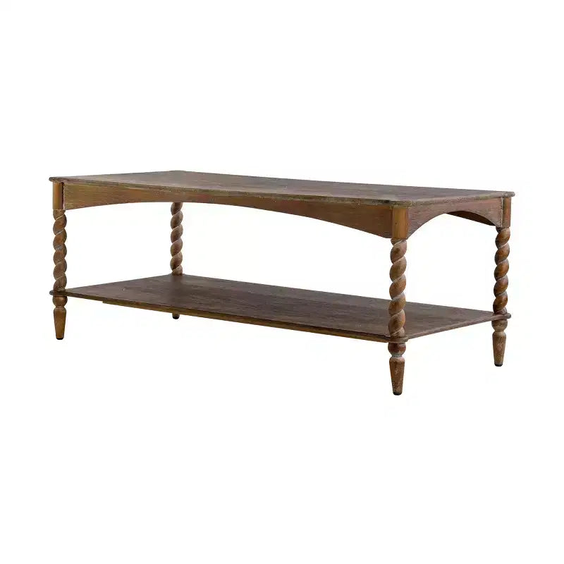 Tavolino da salotto GDFStudio Ottilia in legno rustico con gambe a spirale tornite e ripiano inferiore