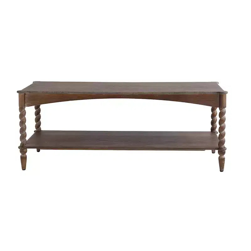 Tavolino da salotto GDFStudio Ottilia in legno rustico con gambe a spirale tornite e ripiano inferiore