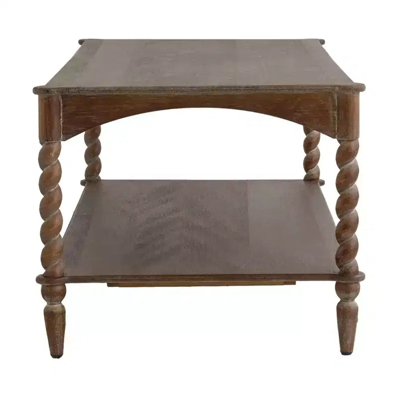 Tavolino da salotto GDFStudio Ottilia in legno rustico con gambe a spirale tornite e ripiano inferiore
