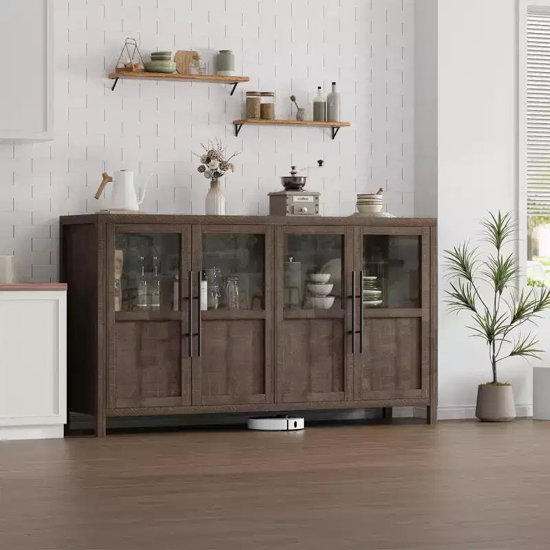 Madia a Buffet da 55", 4 Ante in Vetro, Nero/Marrone/Naturale/Bianco, Posti a Sedere 1