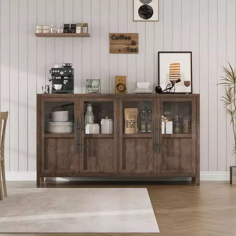 Madia a Buffet da 55", 4 Ante in Vetro, Nero/Marrone/Naturale/Bianco, Posti a Sedere 1